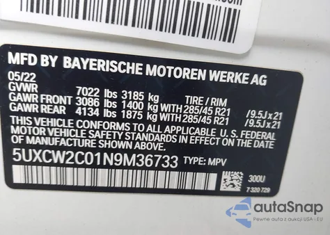 2022 BMW X7 xDrive40I z USA, uszkodzony, nr VIN 5UXCW2C01N9M36733